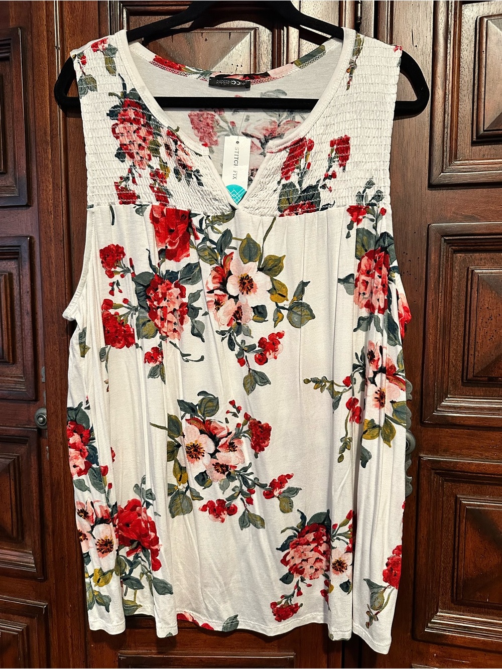 3X Papermoon SMOCKED White Tank Top with Red and Pink Floral Print